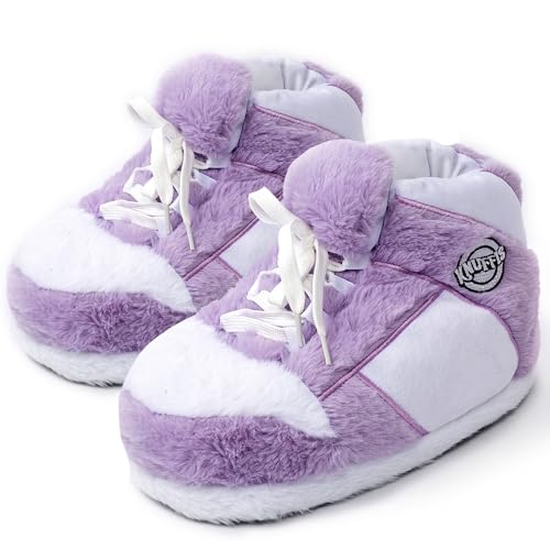 Knuffis Sneaker Hausschuhe Plüsch für Damen und Herren - Lustige Pantoffeln Größe 36-45 (Lila Weiß)