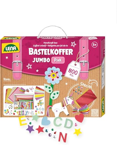 Lena Jumbo Bastelkoffer mit 800 Teilen, Bastelset bestehend aus Papier, Moosgummi, Pfeifenreiniger, Strasssteine, Wackelaugen, Pompons und Knöpfe, Pastellfarben mit Pink-Tönen, ab 5 Jahren