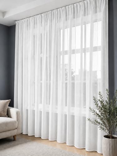 Generisch Gardinen Vorhänge mit Kräuselband & Bleiband Leinenoptik Fertiggardine Vorhang halbtransparente Voile Gardine für Wohnzimmer & Schlafzimmer, Weiß(Ecru) 1er-Set(250x300 cm HxB)