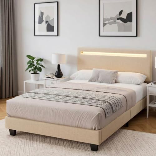Blishom Polsterbett 120x200 cm mit LED Beleuchtung, Gepolstertes Plattformbett, Lattenrost & Kopfteil, Bett Jugendbett Bettgestell für Gästezimmer (Beige, 120x200cm)
