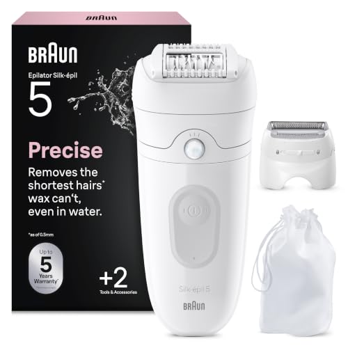 Braun Silk-épil 5 Epilierer Damen, Trocken und Nassrasierer für Eine Einfache Haarentfernung und Seidig-Glatte Haut, Ladyshaver, Wasserdicht — Inkl. Rasieraufsatz und Trimmeraufsatz — 5-041, Weiß/Grau
