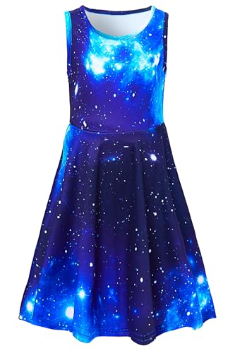 AIDEAONE Mädchen Galaxy Ärmelloses Sommerkleid Niedlich A-Linie Kleid 10-12 Jahre(XL)