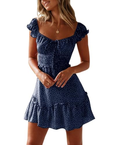 Imily Bela Damen Sommerkleid Rüschen Swing Strandkleid Elegant A-Linie Minikleid High Waist Kleid mit Kordelzug(Dunkelblau, M)