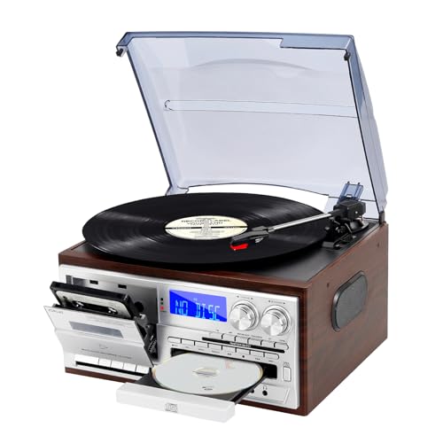 JORLAI 9-in-1 Plattenspieler Vintage Record Player mit Bluetooth, CD, Kassette, AM/FM-Radio, USB/SD-Kodierung, Aux Eingang, RCA Line Out Silber