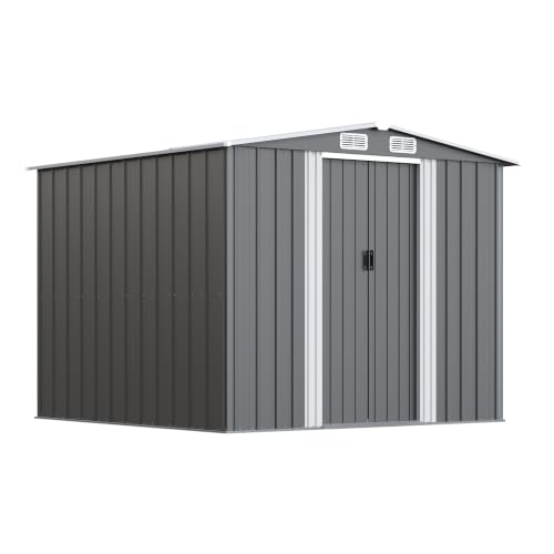 Devoko Gerätehaus Metall Groß, 234 x 200 x 192 cm, 8.9 m³ Geräteschuppen mit Fundament, Schiebtür und Pultdach, Inkl. Handschuhe, Gartenschuppen für Rasenmäher Fahrräder, Anthrazit