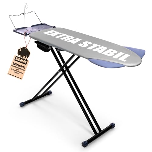 BigDean Bügelbrett XXL (120x45 cm Bügelfläche) inkl. ausklappbarer Schulterpassform - Stabiler Bügeltisch für Dampfbügelstationen und Bügeleisen - Ironing Board - höhenverstellbar