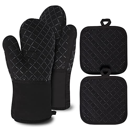 Clocness Topflappen Handschuh, Ofenhandschuhe Hitzebestaendig, rutschfeste Topfhandschuhe 4er-Set Hitzebeständig bis 250°C, Schwarz