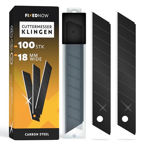 FixedNow 100 x Cuttermesser Klingen 18mm extra scharf aus japanischem Carbonstahl I Profi Abbrechklingen schwarz für Cutter Messer & Teppichmesser I Kattermesser Ersatzklingen, Knife Blade
