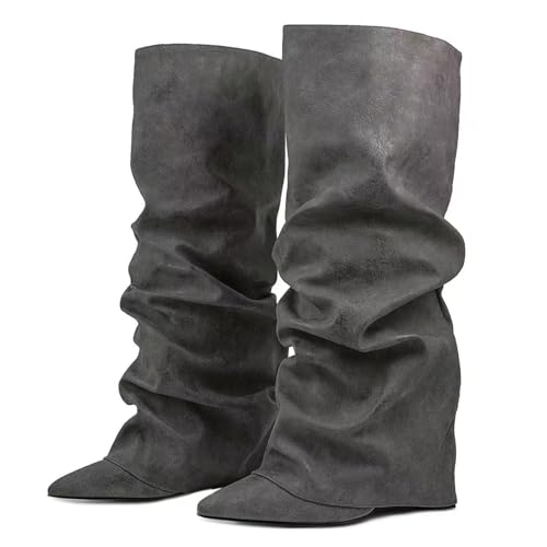 Ceciloroda Fold Over Stiefel Slouch Block Heels Dressy Kniestiefel für Damen Shark Stiefel Pointed Toe Wide Calf Pull on Pleated Fall Schuhe Black Size 38