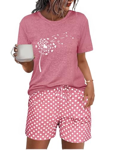 Uniexcosm Schlafanzug Damen Kurz Zweiteiler Pyjama Set Baumwolle Nachtwäsche Löwenzahnmuster Oberteil und Polka Dot Schlafshort Sleepshirt für Sommer Rosa XL