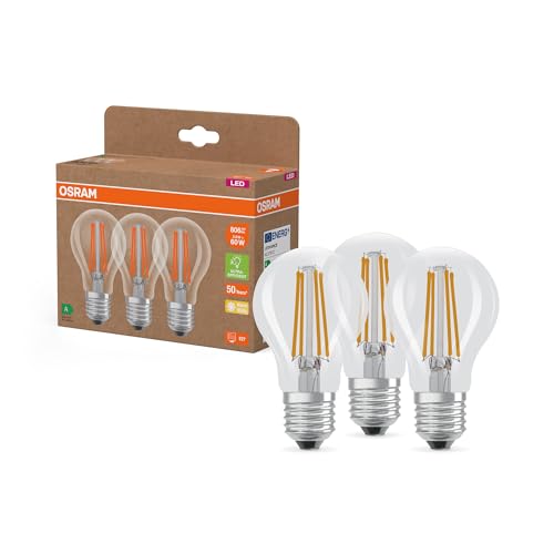 Osram Hocheffiziente LED Lampen mit Energieeffizienz Klasse A, Vorteilspack mit 3 Leuchtmittel, ersetzt herkömmliche 60W Glühbirnen, Birnenform, warmweiß(2700K), E27, Filament Glas