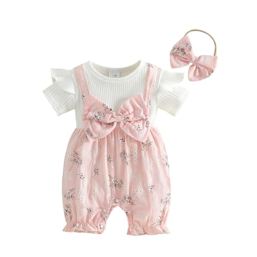 Beauace Neugeborene Baby Mädchen Outfit Zweiteilige Sommer Outfit Blumen Druck Kurzarm Kleidung Set mit Stirnband Weiche Babyset (Rosa, 0-3 Monate)