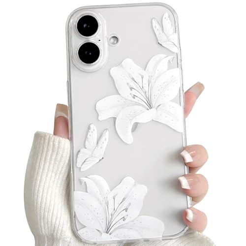 NITITOP für iPhone 16 Hülle Durchsichtig Blume Lilien, Weiß