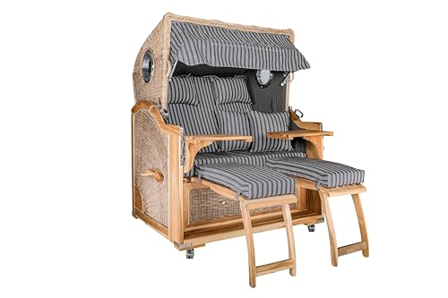 Webavita Strandkorb Bali Teakholz | 2,5-Sitzer | Montiert | Geflecht Grau | Bezug Grau Nadelstreifen| Halblieger | Beach Chair für den Garten Terrasse Balkon