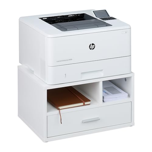Relaxdays Druckerständer mit Schublade & 2 Fächern, Schreibtisch Regal für Drucker, Druckerhalter, HBT 22x40x30 cm, weiß
