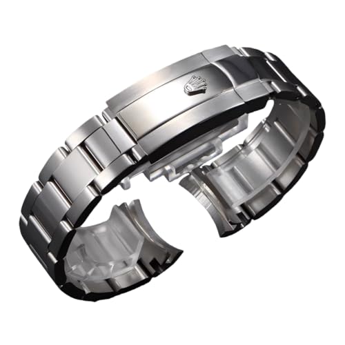 ROUREOX Edelstahl Armband Rundanstoß, 20mm 21mm Gebogenes Metallband, Massiv Ersatzband Faltschließe für Rolex Submariner-Silbrig 20mm