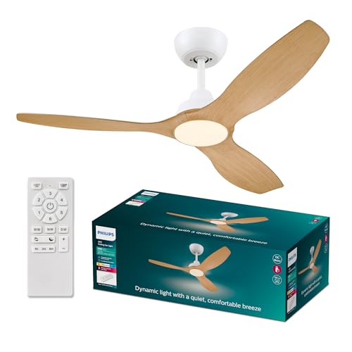 PHILIPS Olas Deckenventilator mit LED-Leuchte, 3 Flügel, 132 cm Durchmesser, 2650 Lumen, einstellbares weißes Licht von 3000 K bis 6500 K, dimmbar auf 5%, inklusive Fernbedienung, weiß/Holz, classic