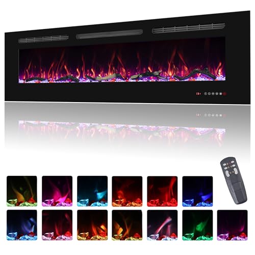 Oxhark Flame Elektrokamin Wandmontage, 13 Farbmodi LED flammeneffekt, 152 cm Kamin Heizung Glas-Touchscreen und Fernbedienung,1500W(60