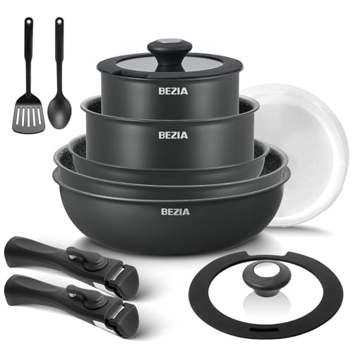 BEZIA Topfsets mit abnehmbaren Griffen 13-Teilig, antihaftbeschichtetes Pfannenset, Stapelbar Topfset Für alle Herdarten, PFOS-frei, Pfanne 22/26cm, Tiefe Bratpfanne 26cm, Topf 16/18cm, Ofenfest