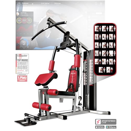 Sportstech Kraftstation HGX100/HGX300 Multifunktions-Homegym – über 45 Übungen Ganzkörper, Latzugturm, Kabelturm, Butterfly, Bankdrücken & Beinstrecker, bis 80 kg Gewichtsblock, für Zuhause