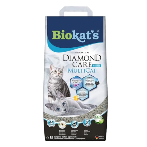 Biokat's Diamond Care MultiCat Fresh Katzenstreu mit Duft - Feine Klumpstreu aus Bentonit mit Aktivkohle speziell für Mehrkatzen-Haushalte - 1 Sack (1 x 8 L)