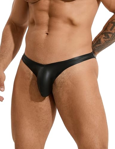 comeondear String Tanga Männer Sexy PU Leder Wetlook Sissy Dessous Reizwäsche Herren Erotische Unterhosen Kunstleder Micro String Große Größen Gay Unterwäsche Slips Thong Schwarz Clubwear L