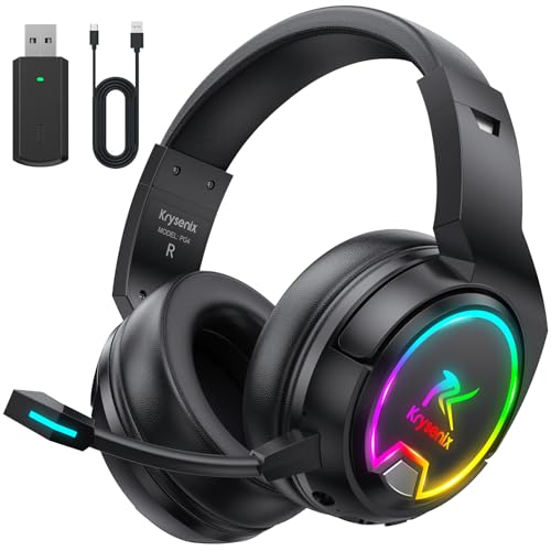Krysenix PG4 Gaming Headset Wireless für PS4, PS5, PC, Mac, Switch, 48H 2.4GHz Gaming Headset mit Noise Cancelling Mikrofon, Kabelloses Bluetooth Headset mit LED-Lichtern, Surround Sound, Rußschwarz