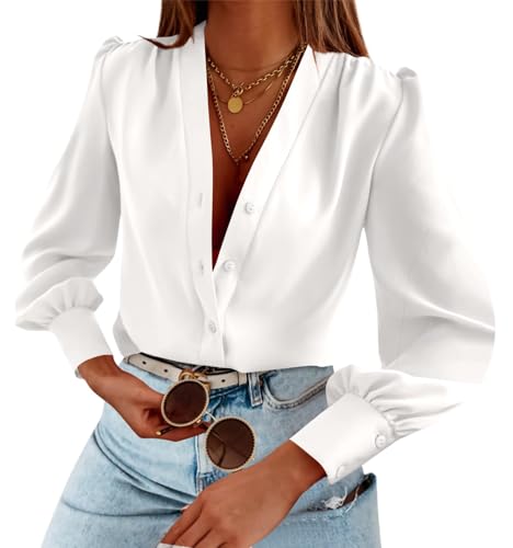 Imily Bela Damen Satin Bluse V-Ausschnitt,Weiß,M