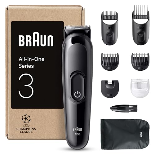 Braun All-In-One Trimmer-Set 3, 6-in-1 Multigroom, Barttrimmer, Haarschneidemaschine für Gesicht, Kopf und Körper, 50 Min. Akku, 14 Längen (3–21 mm), Wasserdicht, MGK3420, Schwarz