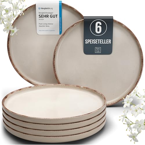 Steingut Teller Groß 6 Personen Rustic TESTSIEGER, Hochwertiges Landhaussttil Steingut Speiseteller Set, Stylisches Essteller Set, Pure Living in Beige