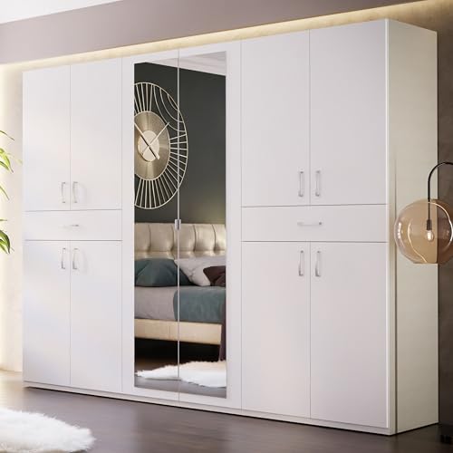 Forte Serenade Kleiderschrank 270, moderner Drehtürenschrank, 10-türig, 2 Schubladen, Kleiderstangen, Einlegeböden, Spiegel, Holzwerkstoff, Weiß, 269,7 cm breit x 210,5 cm hoch x 54 cm tief
