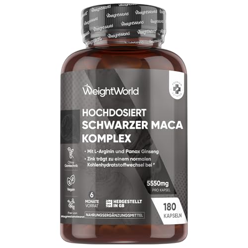 Maca Kapseln - 5550mg pro Kapsel - 6 Monate Vorrat - Schwarzer & Gelber Maca Komplex mit L-Arginin, Panax Ginseng, Schwarzer Pfeffer & Zink - 180 Capsules - Frauen & Männer - Glutenfrei - WeightWorld