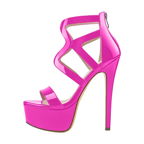 Only maker Damen Sandaletten Plateau High Heels Riemchen Sommerschuhe Metallic Lack Viva Magenta 46 EU