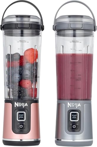 Ninja Blast Kabelloser Mini-Mixer, 530 ml, 2er-Pack, Auslaufsicherer Trinkdeckel, Wiederaufladbar, Roségold & Silber