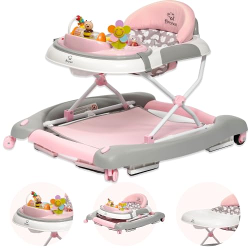BRONEA 4-in-1 Gehfrei Babywalker ab 6 Monate | Lauflernwagen mit Schaukelfunktion und Spielpaneel mit Musik | Höhenverstellbare und Klappbar | Lauflernhilfe mit leisen Rollen und Bremsen