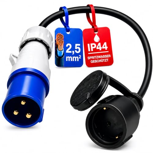 CEE Kabel Adapter Stecker auf Schutzkontakt-Kupplung IP44 Electraline spritzwassergeschützt I H07RN-F 3G2,5 / 16A für Camping,Caravan und Wohnwagen etc