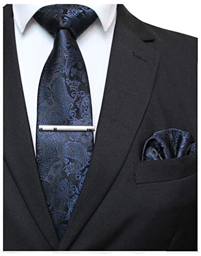 JEMYGINS Dunkelblau krawatte Paisley Seide Herren Krawatten und Einstecktuch mit krawattenklammer Sets (1)