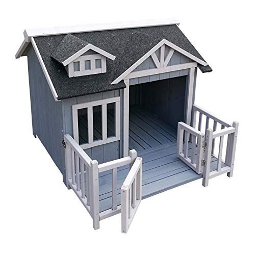Wiltec Luxus XL Hundehütte 93,5 x 77,5 x 70 cm, grau weiß, Hundehaus aus Holz mit Veranda, Hundehöhle Outdoor für Balkon Garten Terrasse