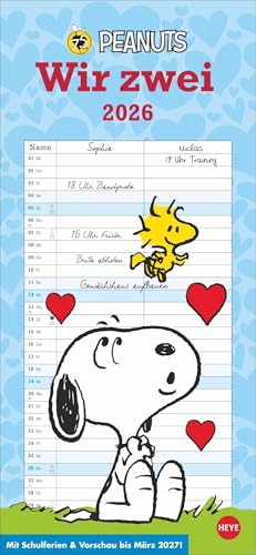 Peanuts Planer Wir zwei 2026: Wandplaner mit 2 Spalten. Kultiger Wandkalender 2026 zum Eintragen. Praktischer Paarkalender mit den bekannten Snoopy-Comics. 16 x 34,7 cm. (Peanuts Kalender Heye)