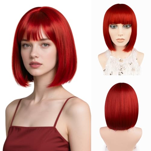 JIAMEISI Kurze Rote Bob-Perücke mit Pony, 30cm Glatte Rote Bob-Perücke Für Frauen, Hitzebeständige Synthetische Faser Natürlich Aussehend, Alltag, Cosplay, Halloween, Weihnachten Party (Rot)