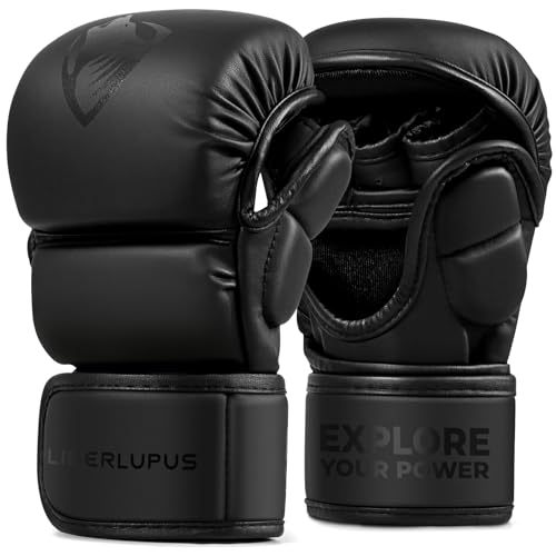 LIBERLUPUS MMA Handschuhe Sparring– Offene Handfläche für Sandsackhandschuhe, Kickboxen, Boxsack Training – Strapazierfähiges Kunstleder mit Handgelenkstütze (schwarz, S-M)