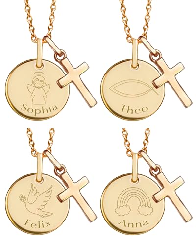 Taufkette mit Kreuz | Personalisierte Kette für Mädchen Jungen Baby Kinder mit Gravur Namen Gold (Silber 925 vergoldet) | Geschenk zur Taufe Kommunion Taufgeschenk Patenkind | Namenskette Kreuzkette.