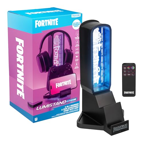 Fortnite 3-in-1 Kopfhörerständer und Technik-Ladestation mit Konsolen-Controller-Halterung und 2 USB-C-Ports, RGB-Farbwechsel-Lichtpanel, offiziell Lizenziertes Geschenk für Gamer | Paladone ...