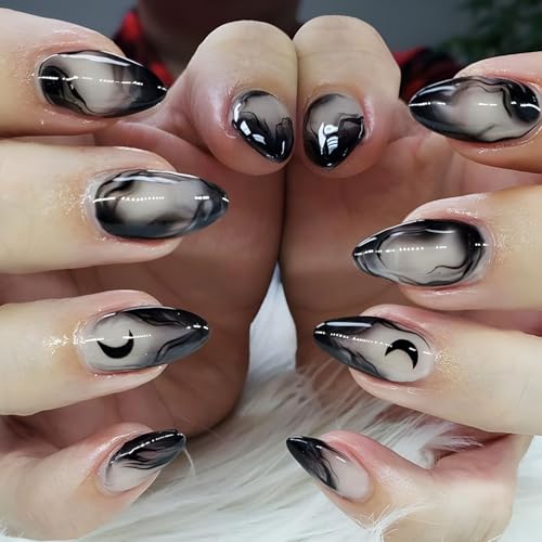 Cosmeria Künstliche Nägel Zum Aufkleben, 24 Stück Mittlere Mandelpresse Mit Goth Schwarz Ombre, Hochwertiges ABS Acryl, Ideal Für Feste Und Alltag