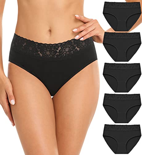 Wealurre Damen Unterhosen Baumwolle Slip Damen Unterwäsche Spitze Unterwäsche Frauen Höschen 5er Pack (6004 Black,M)