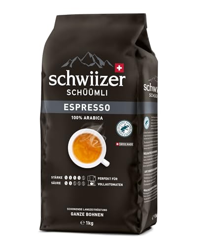 Schwiizer Schüümli Espresso, 100% Arabica Kaffeebohnen, kräftig-intensiv, perfektioniert für Vollautomaten, Stärke 4/5, mittlere Röstung, Rainforest Alliance-zertifiziert, 1kg