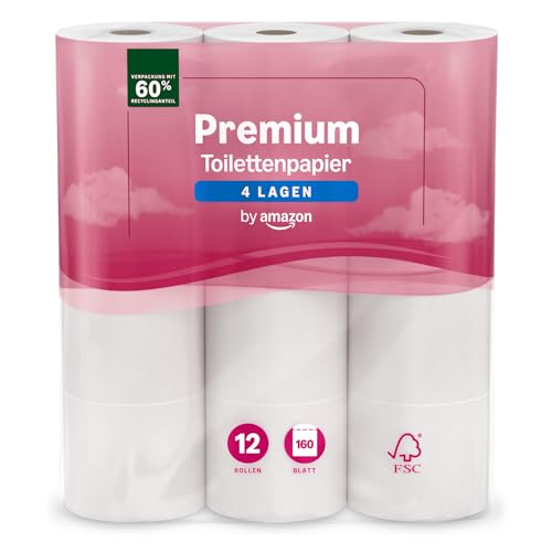 by Amazon Premium Toilettenpapier, 4-lagig, 12 Rollen, 1er-Pack, 160 Blatt pro Rolle, FSC-zertifiziert
