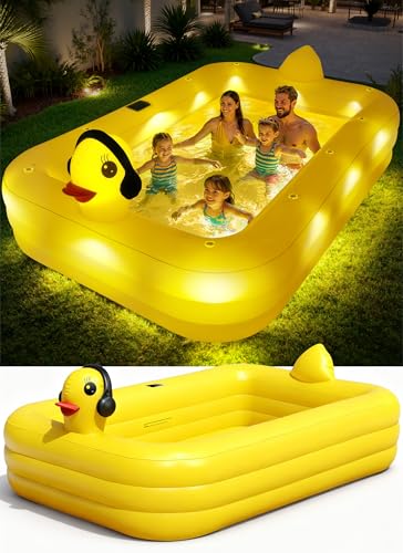 KingSom Aufblasbarer Pool mit Poolbeleuchtung, Solar Enten Planschbecken Groß für Kinder und Erwachsene, Aufstellpool Pool Rechteckig für Sommer, 254 x 160 x 56 cm Familienpool Aufblasbar für Garten