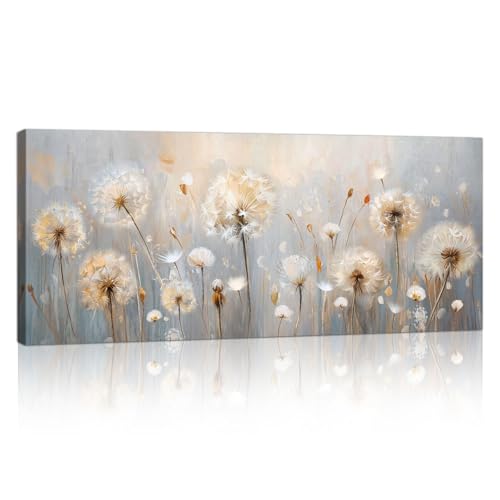 Beige Fantasie Pusteblumen Mit Rahmen Großes Leinwandbilder Bilder, Nordisch Minimalistisch Pflanzen bild auf leinwand Wandkunst Modern Wandbilder Kunstdruck Deko für Wohnzimmer Schlafzimmer 120x50cm