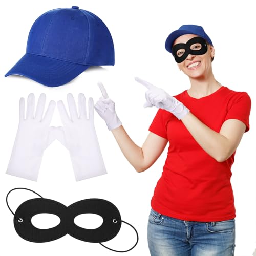 Hestya 3 Stück Panzerknacker Kostüm Karnevalskostüm Set inklusive Hut Brille Handschuhe für Frauen Männer Herren Party Cosplay Zubehör Halloween